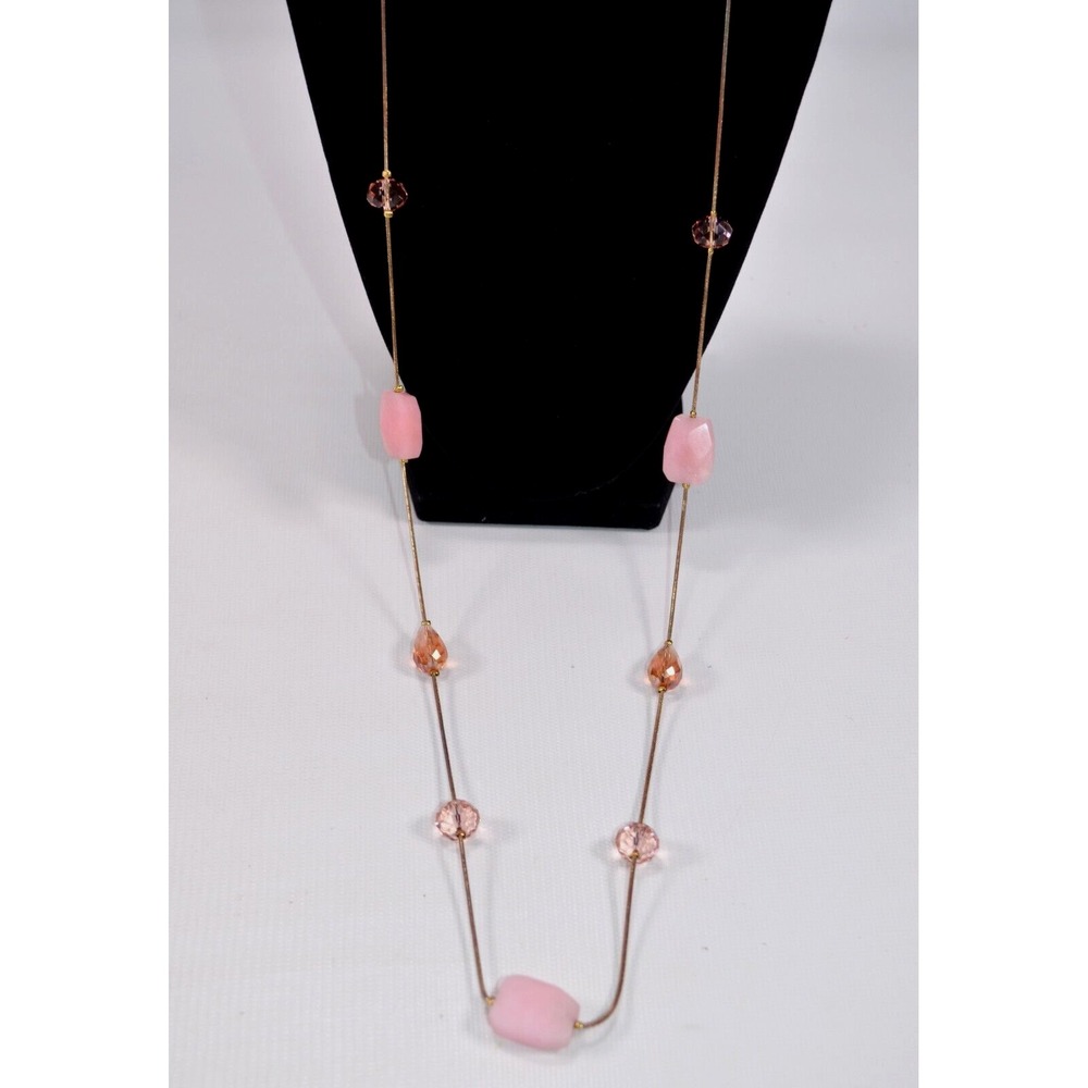 Vtg Gold Tone Snake Chain Necklace w/ Pink Faceted Quartz & Glass Pink Beads 39"